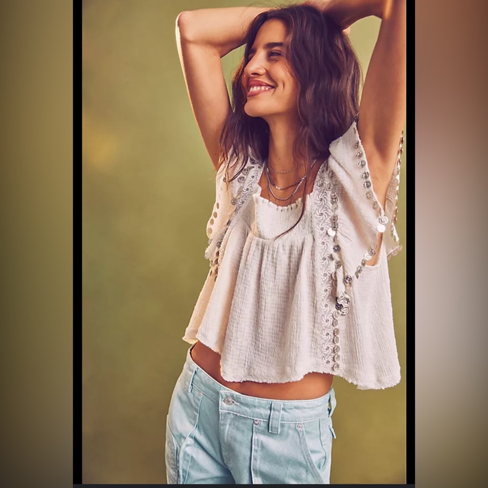 Free People Metal Coin Embellished Top White Gauze Open Back Cotton